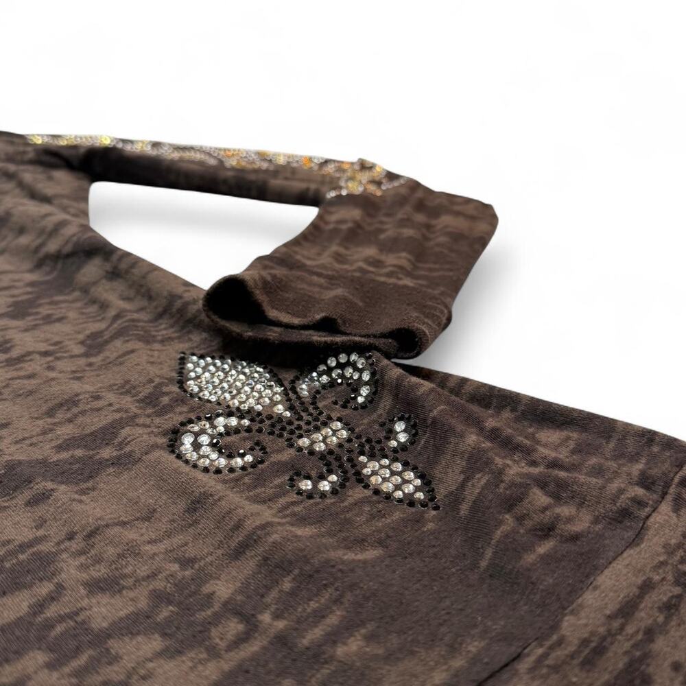 Y2K Sheer 2000s Brown rhinestone fleur de lis long sleeve top hood Mcbling large - Picture 4 of 7